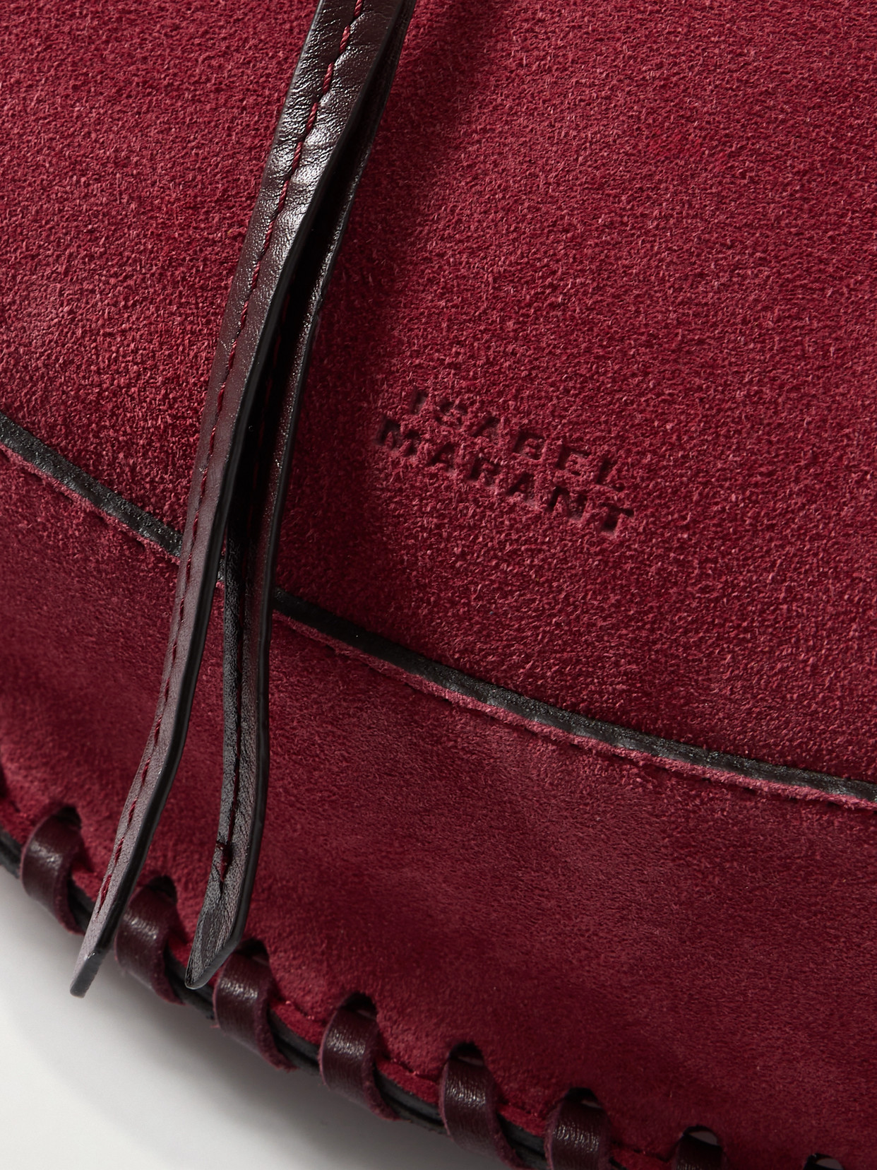 Isabel Marant Oskan Moon Whipstitched Leather-trimmed Suede Shoulder Bag In Burgundy
