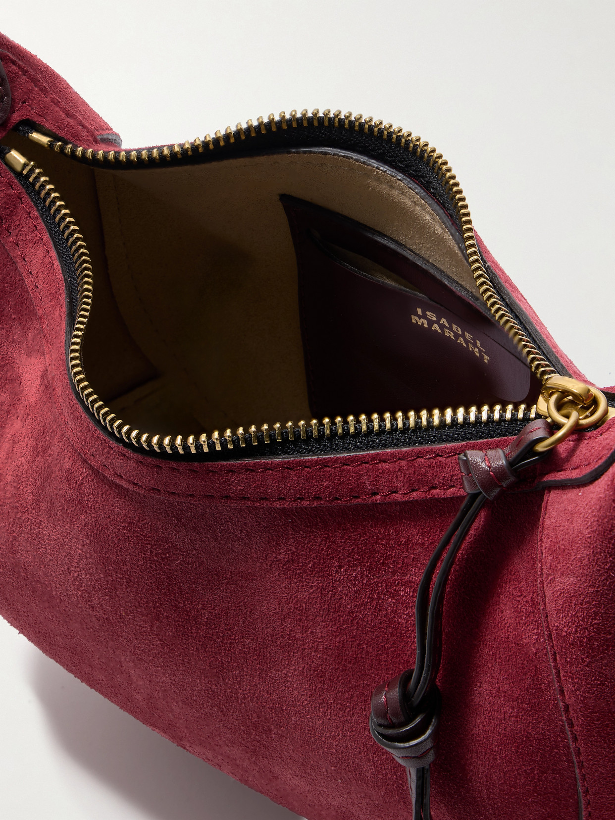 Isabel Marant Oskan Moon Whipstitched Leather-trimmed Suede Shoulder Bag In Burgundy