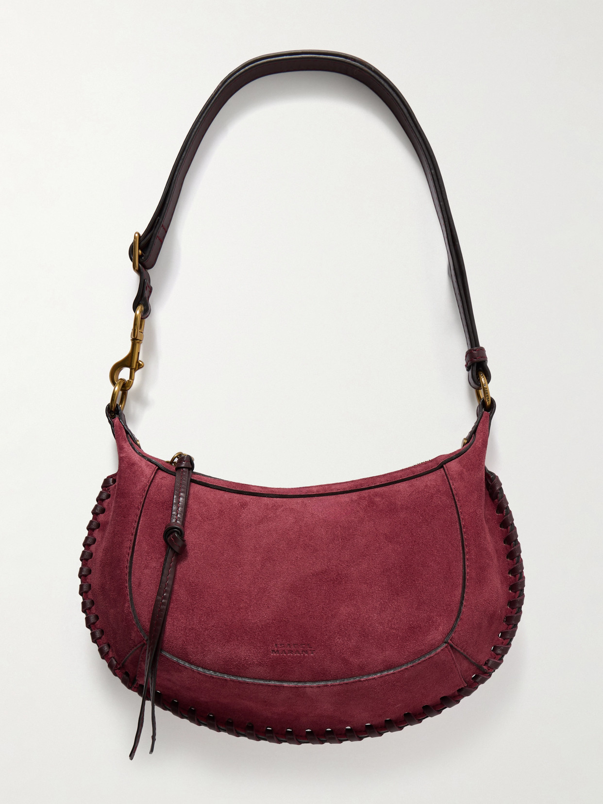 Isabel Marant Oskan Moon Whipstitched Leather-trimmed Suede Shoulder Bag In Burgundy