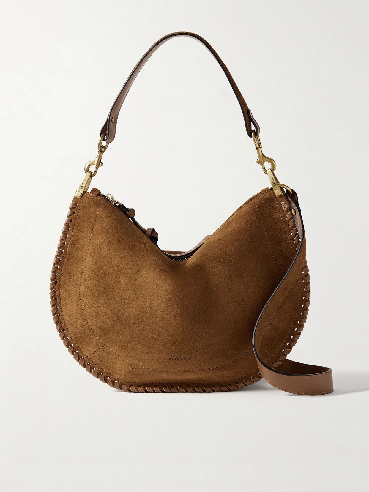 oskan soft zipped leather trimmed suede shoulder bag
