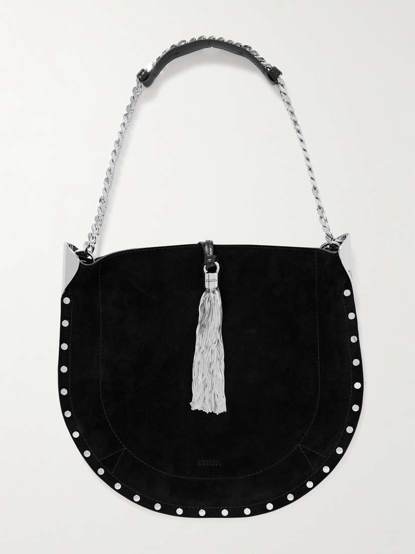 Isabel Marant Oskan Leather-trimmed Tasseled Studded Suede Shoulder Bag