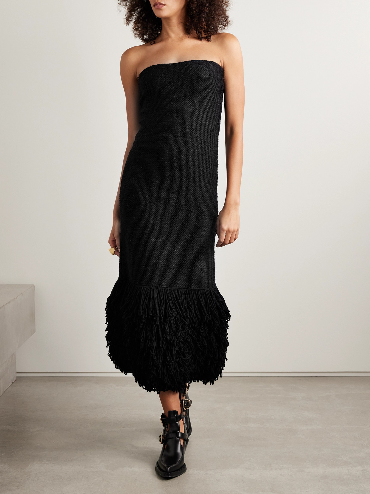 Gabriela Hearst Corus Strapless Fringed Cashmere And Silk-blend Midi Dress In Black