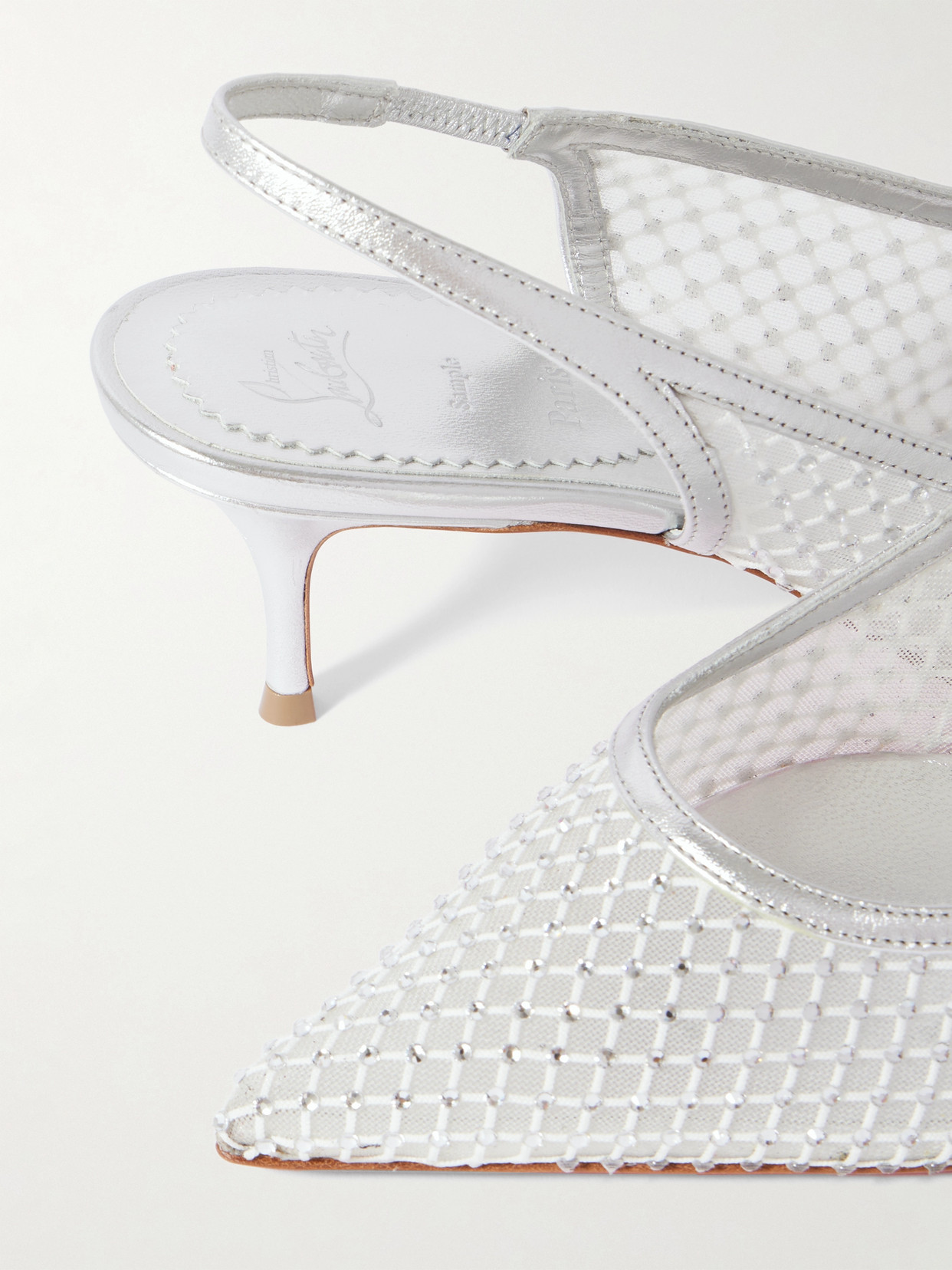 Shop Christian Louboutin Sporty Kate 55 Crystal-embellished Leather-trimmed Mesh Slingback Pumps In White