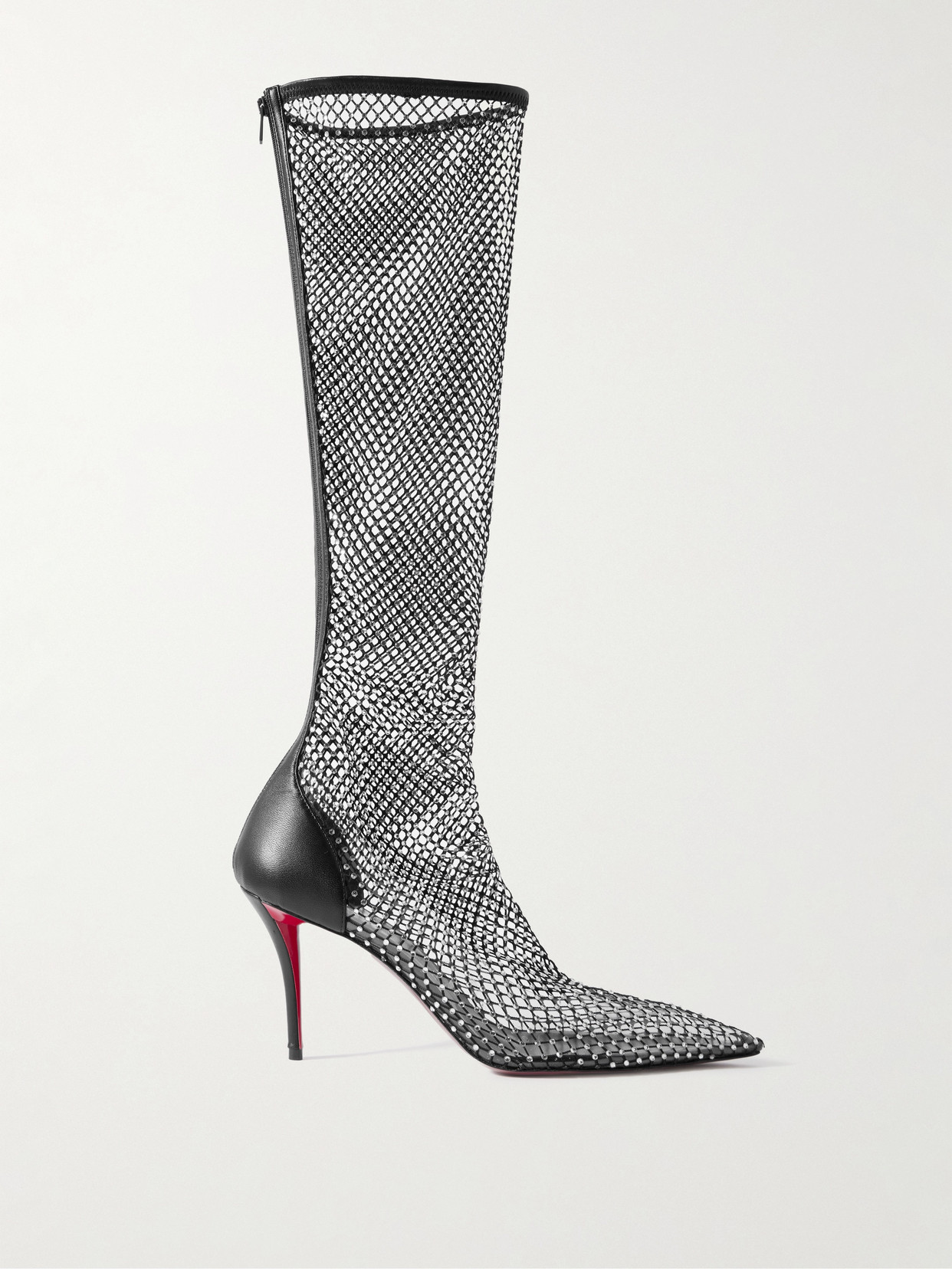 Christian Louboutin Apostropha 85 Crystal-embellished Leather-trimmed Mesh Knee Boots In Black