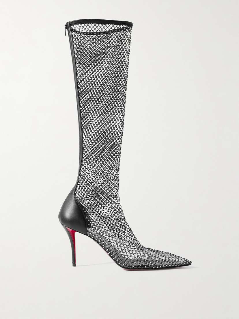 Christian Louboutin Apostropha 85 Crystal-embellished Leather-trimmed Mesh Knee Boots