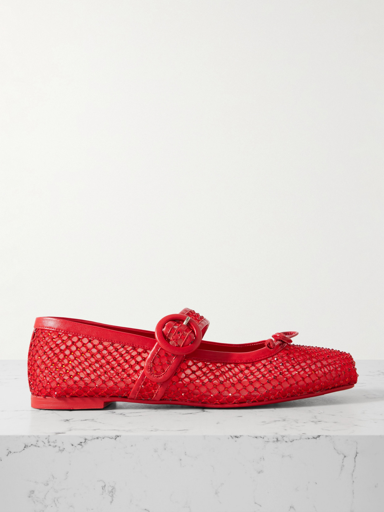 Christian Louboutin Mamastrapitina Crystal-embellished Leather-trimmed Mesh Ballet Flats In Red