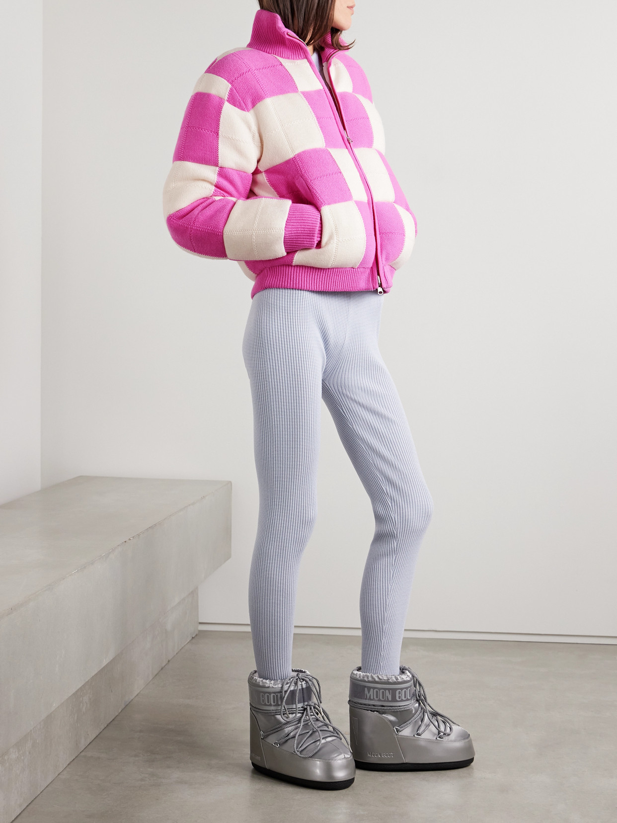 Guest In Residence Checked Padded Quilted Wool And Cashmere-blend Jacket In Pink