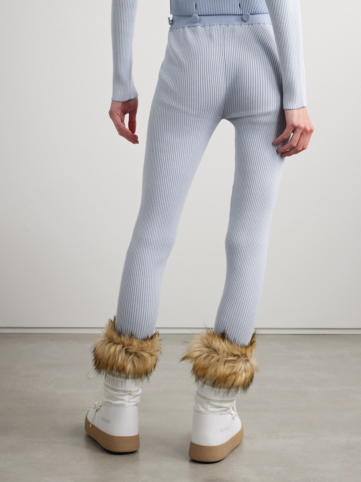 Guest In Residence Speed Skate Button-embellished Striped Ribbed Merino Wool-blend Stirrup Leggings In Blue