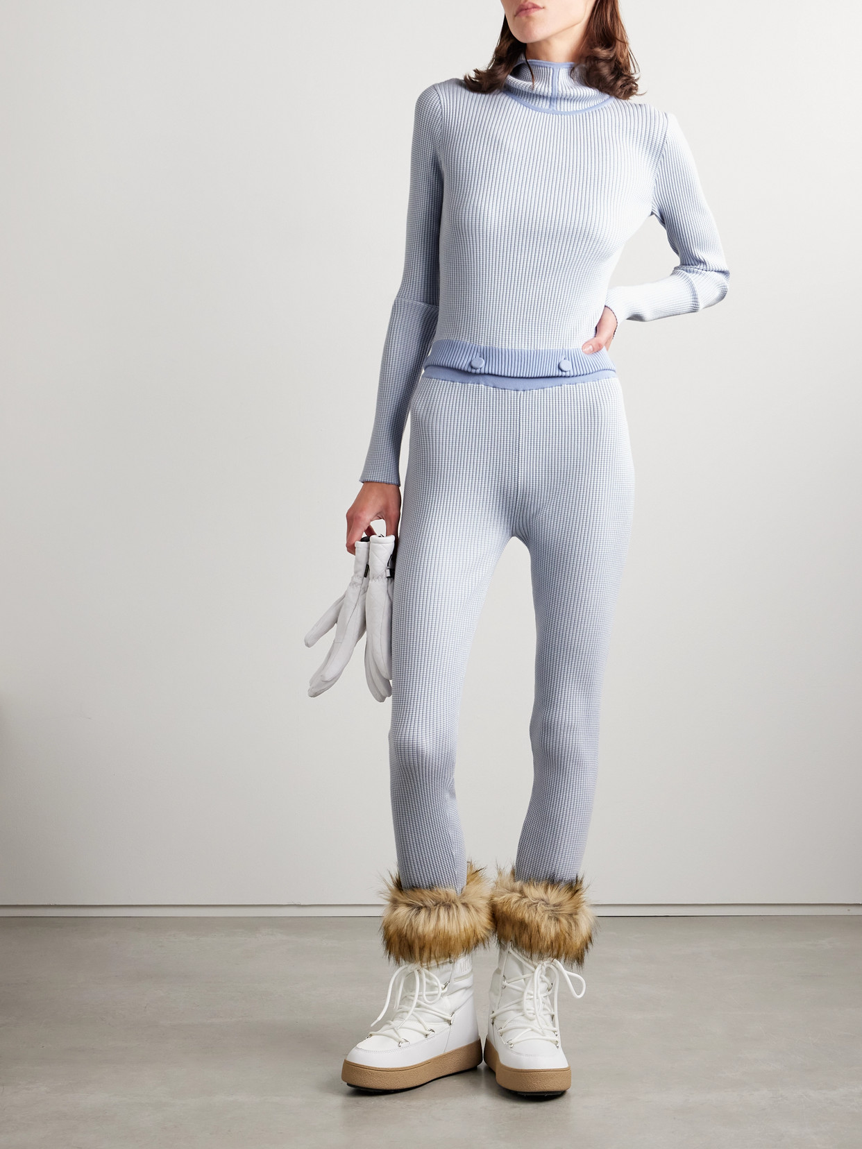Guest In Residence Speed Skate Button-embellished Striped Ribbed Merino Wool-blend Stirrup Leggings In Blue