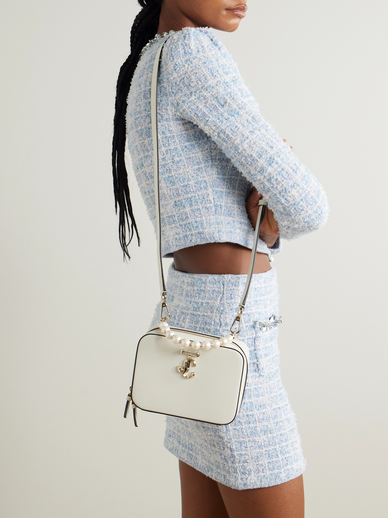 Jimmy Choo Avenue Vanity Embellished Leather Shoulder Bag In White