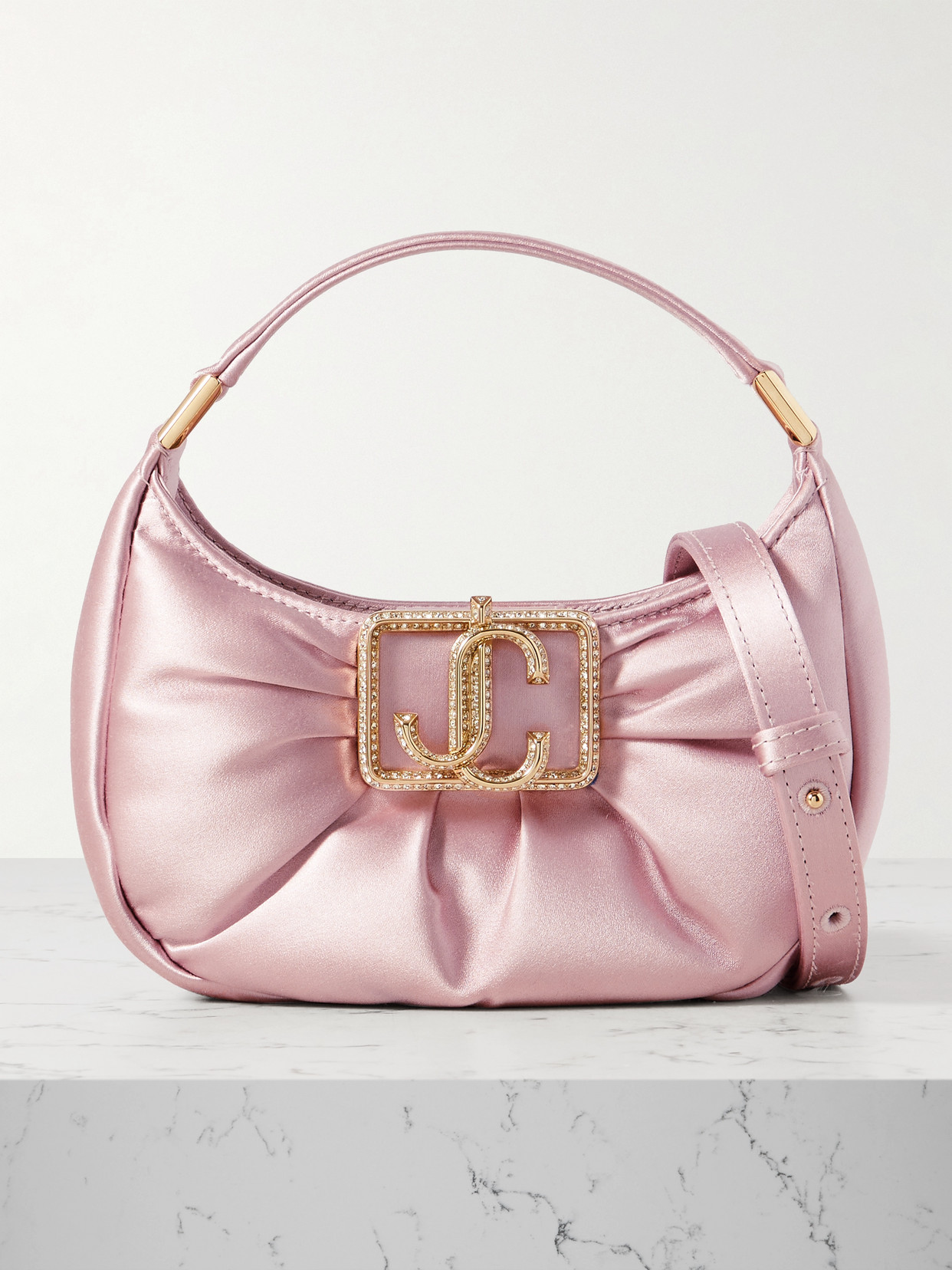 Jimmy Choo Edie Mini Embellished Ruched Satin Shoulder Bag In Pink