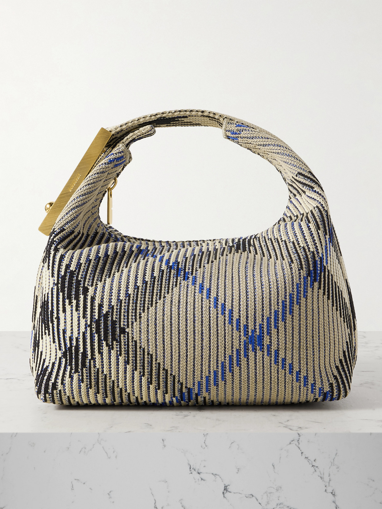 BURBERRY RIBBED EMBELLISHED JACQUARD-KNIT TOTE