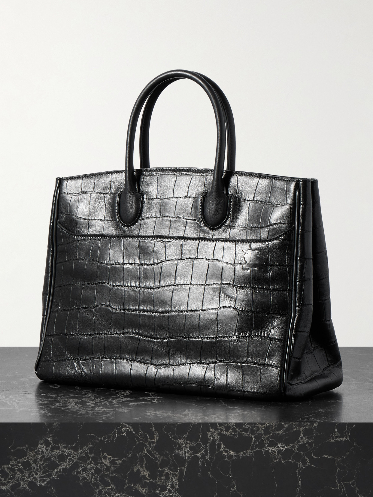 Burberry Small Lambskin Croc-embossed Rocking Horse Tote Bag In Black