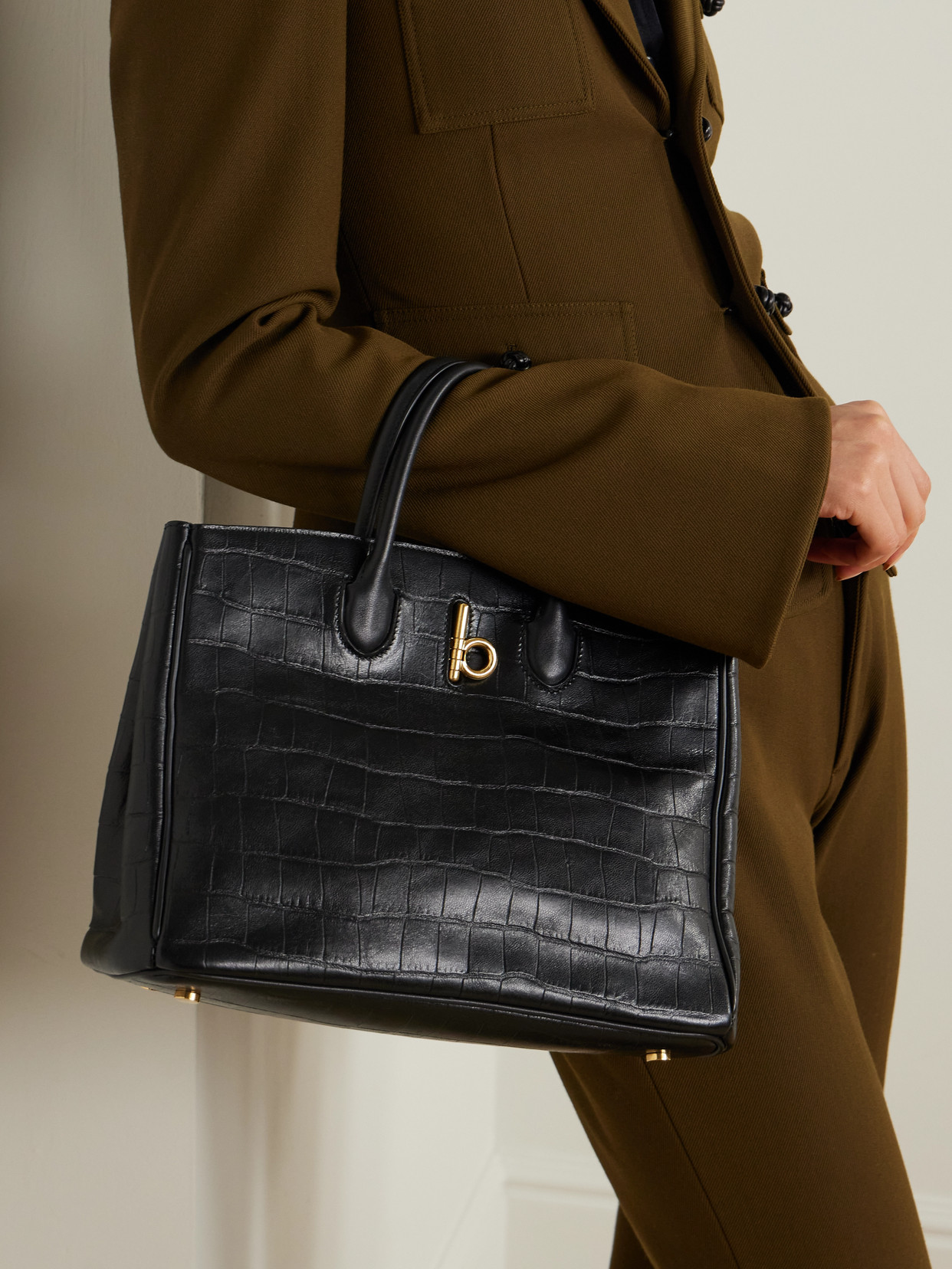 Burberry Small Lambskin Croc-embossed Rocking Horse Tote Bag In Black