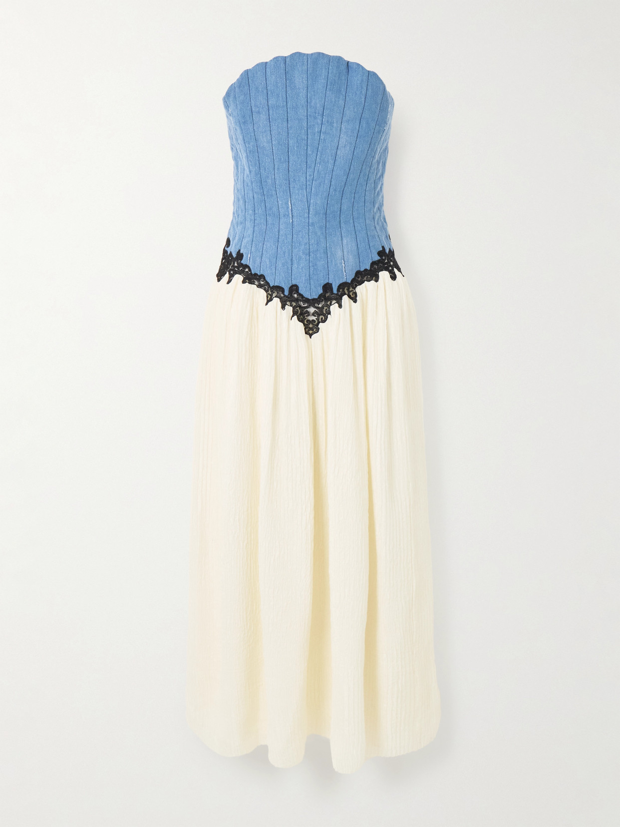 Gabriela Hearst - Glenn Strapless Lace-trimmed Denim And Crinkled-silk Midi Dress - Blue