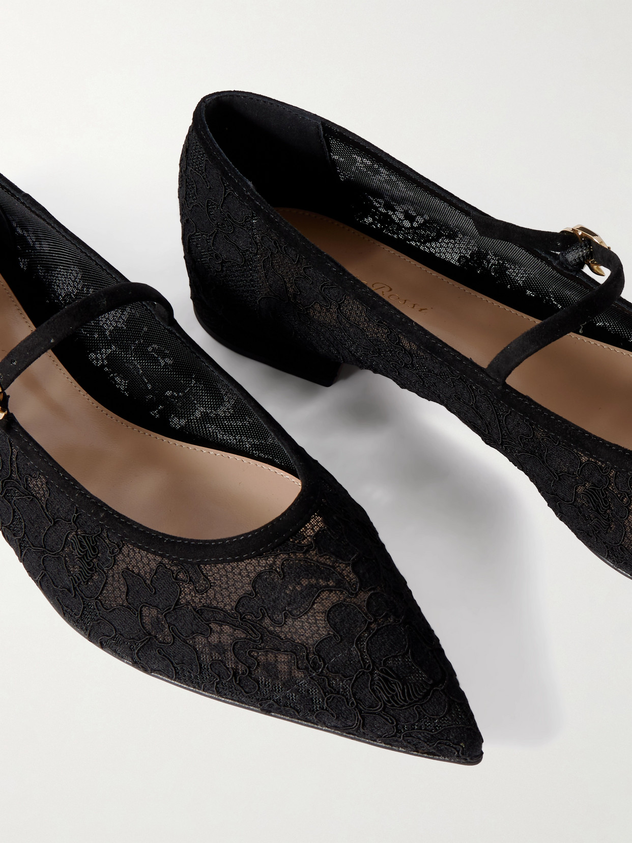 Gianvito Rossi Claudia Suede-trimmed Lace Mary Jane Flats In Black