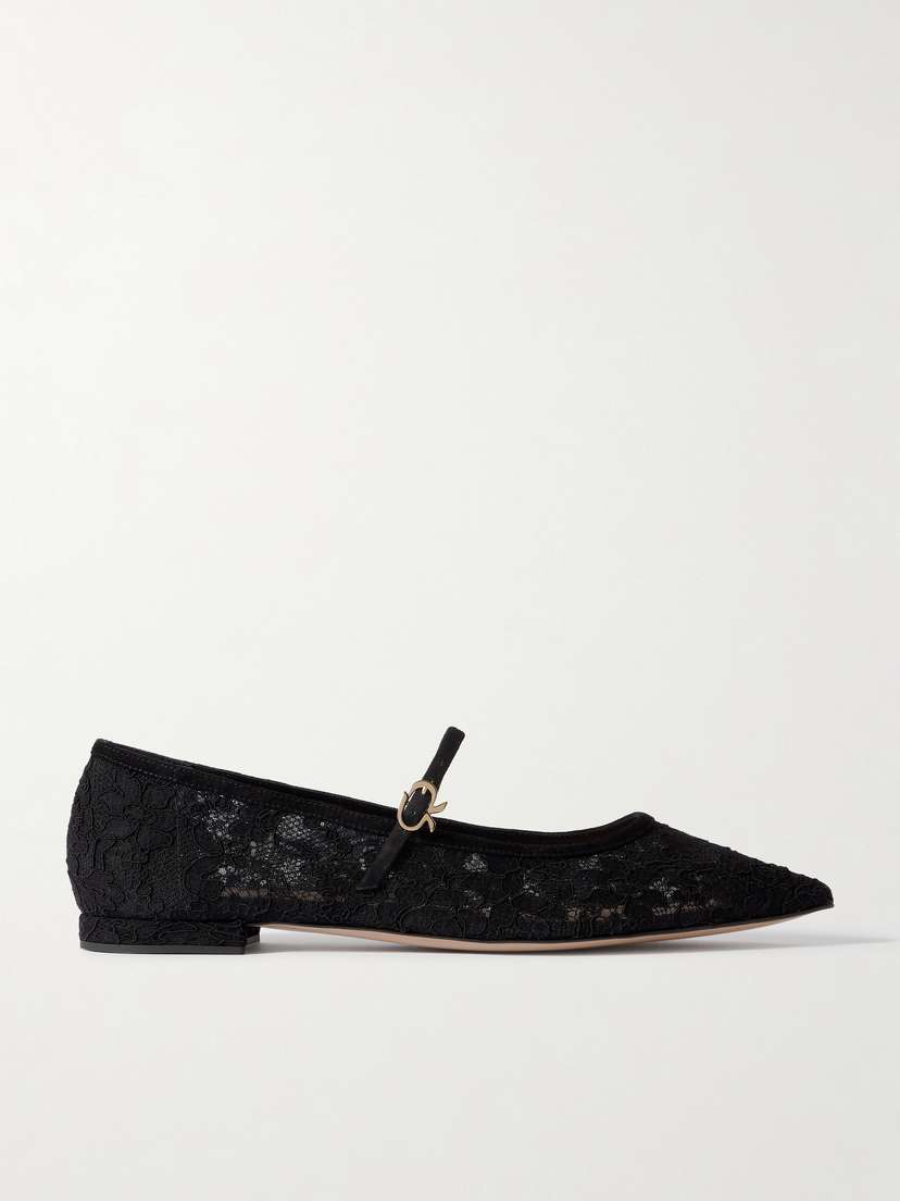 Gianvito Rossi Claudia Suede-trimmed Lace Mary Jane Flats