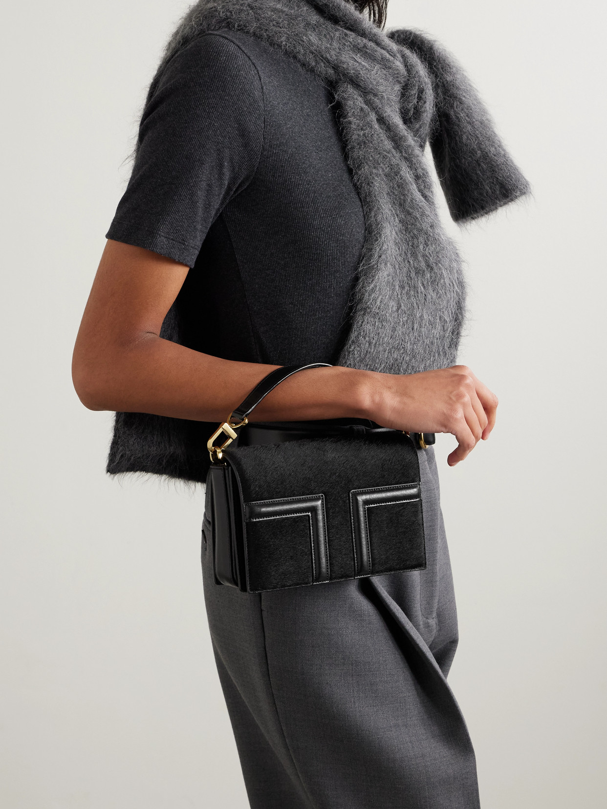 Totême Mini T-flap Leather-trimmed Calf Hair Shoulder Bag In Black