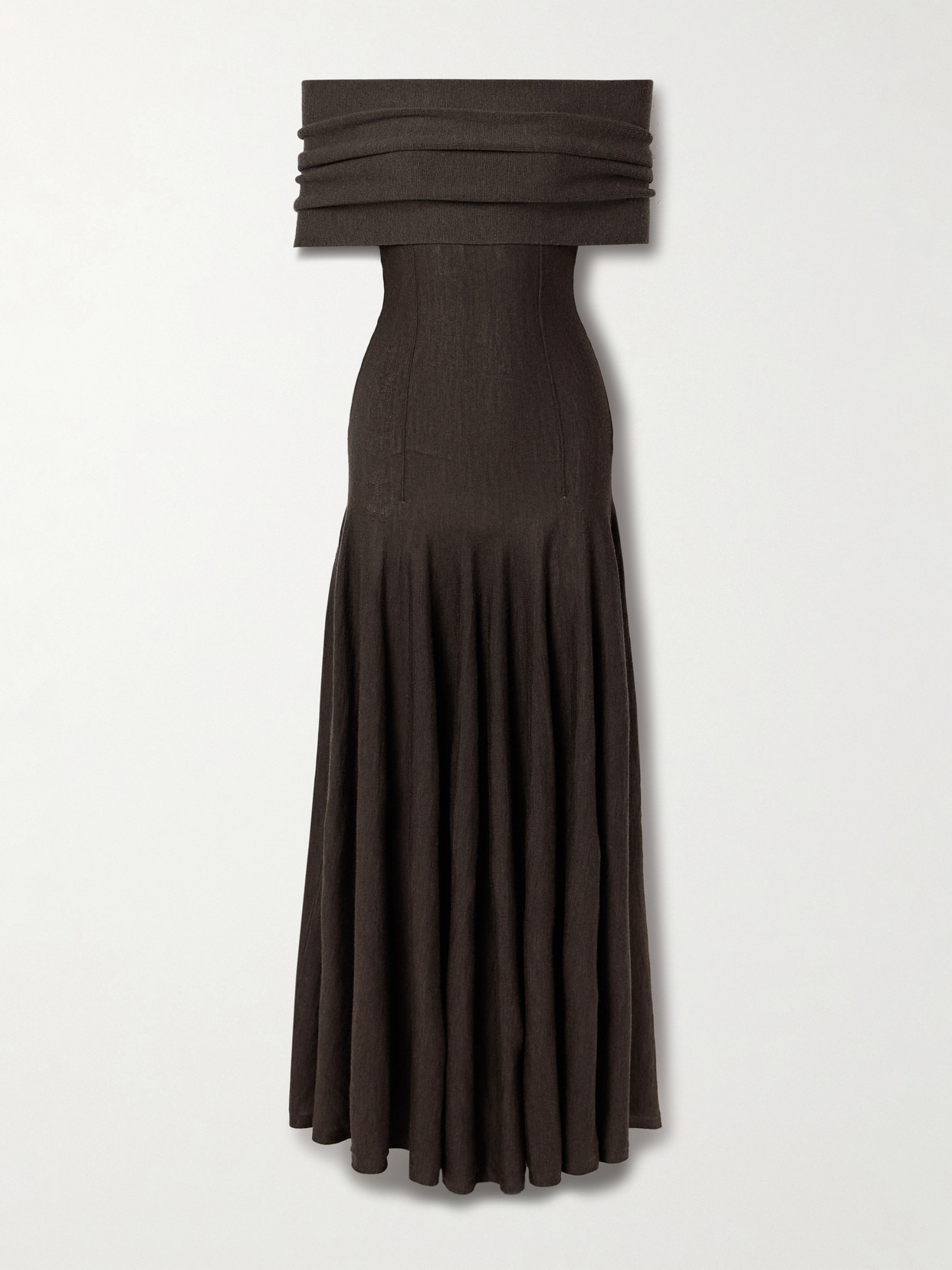 Khaite Bruna Off-the-shoulder Gathered Stretch-jersey Maxi Dress In Brown
