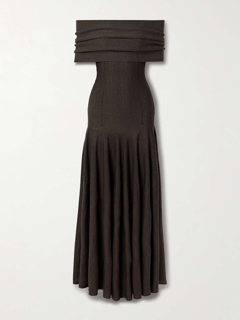 Khaite Ava Off-the-shoulder Pleated Wool-blend Maxi Dress