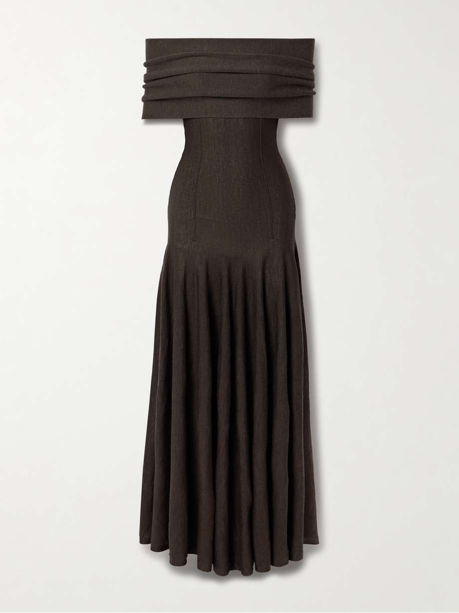 ava off-the-shoulder pleated wool-blend maxi dress
