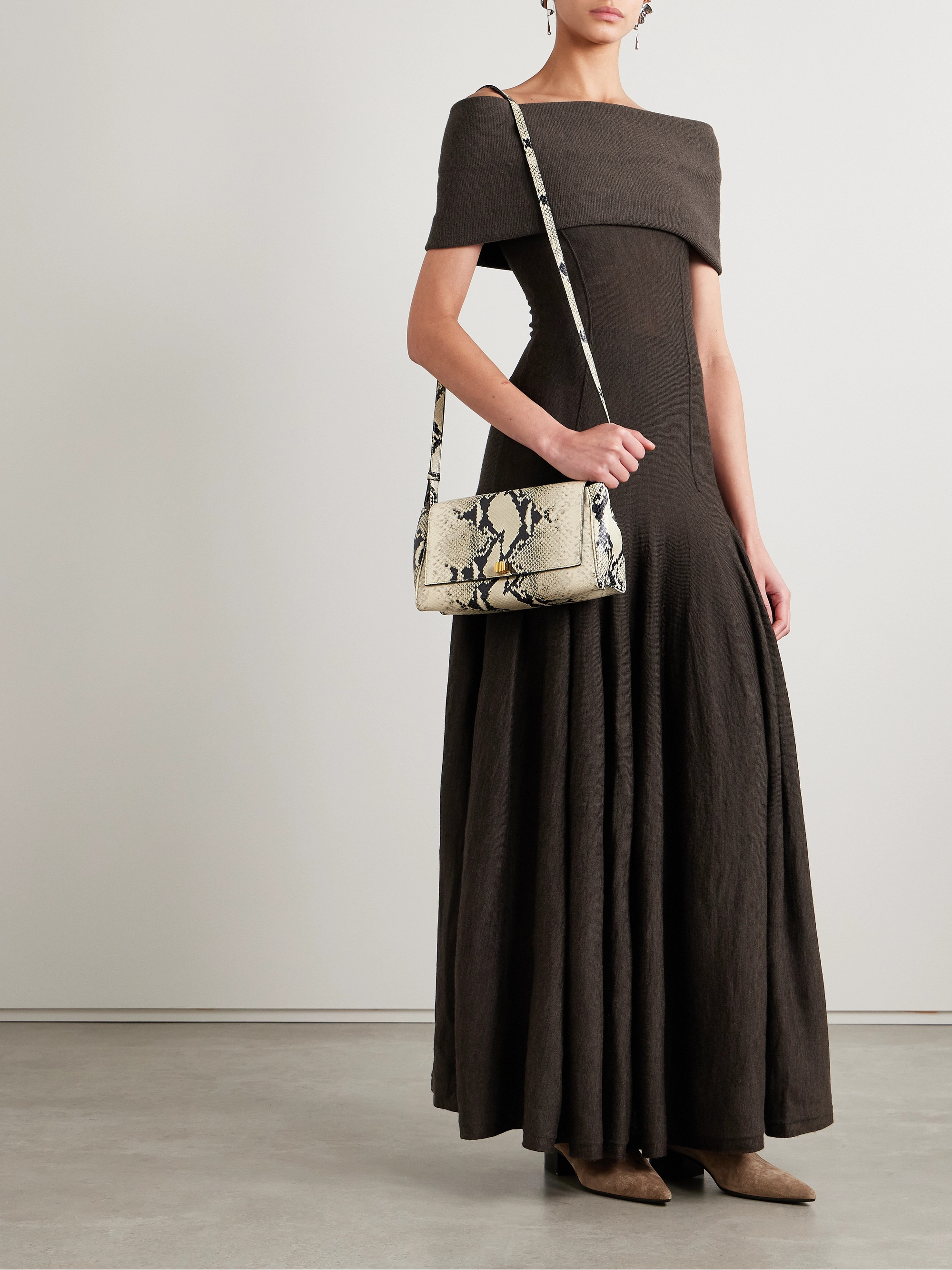 KHAITE Ava off-the-shoulder pleated wool-blend maxi dress