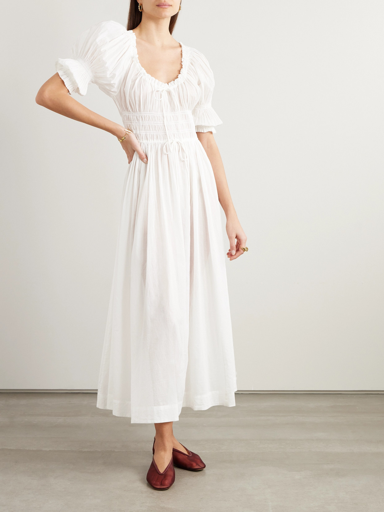 DOEN ISCHIA SHIRRED ORGANIC COTTON-VOILE MIDI DRESS