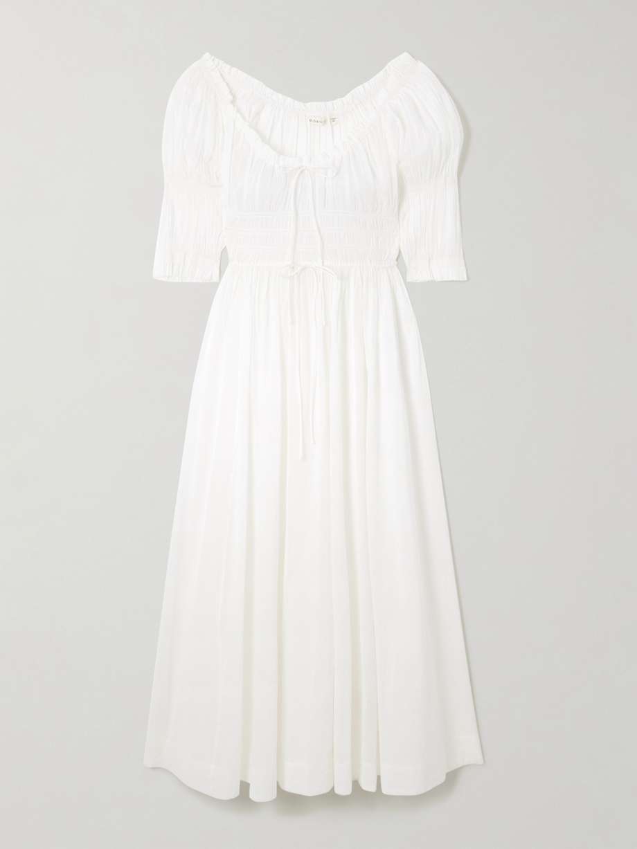 ischia shirred organic cotton-voile midi dress