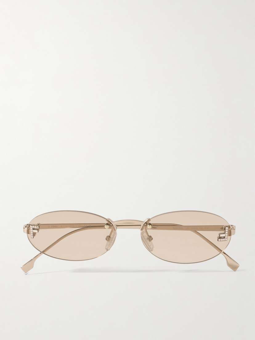 FENDI EYEWEAR Rimless Oval-frame Crystal-embellished Gold-tone Sunglasses