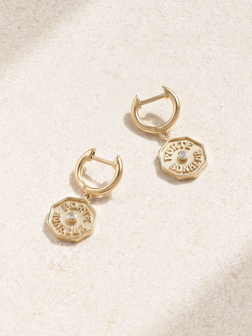 Marlo Laz Wee Porte Bonheur 14-karat Gold Diamond Hoop Earrings