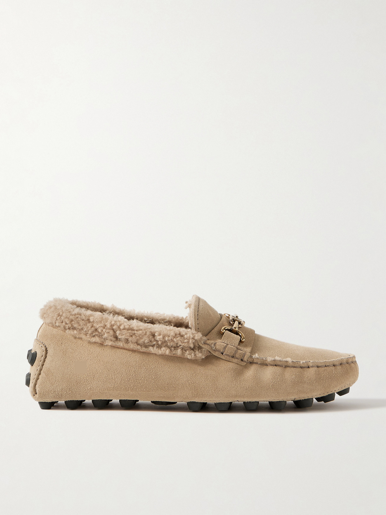 Tod's - Gommino Macro Embellished Shearling-trimmed Suede Loafers - Neutrals