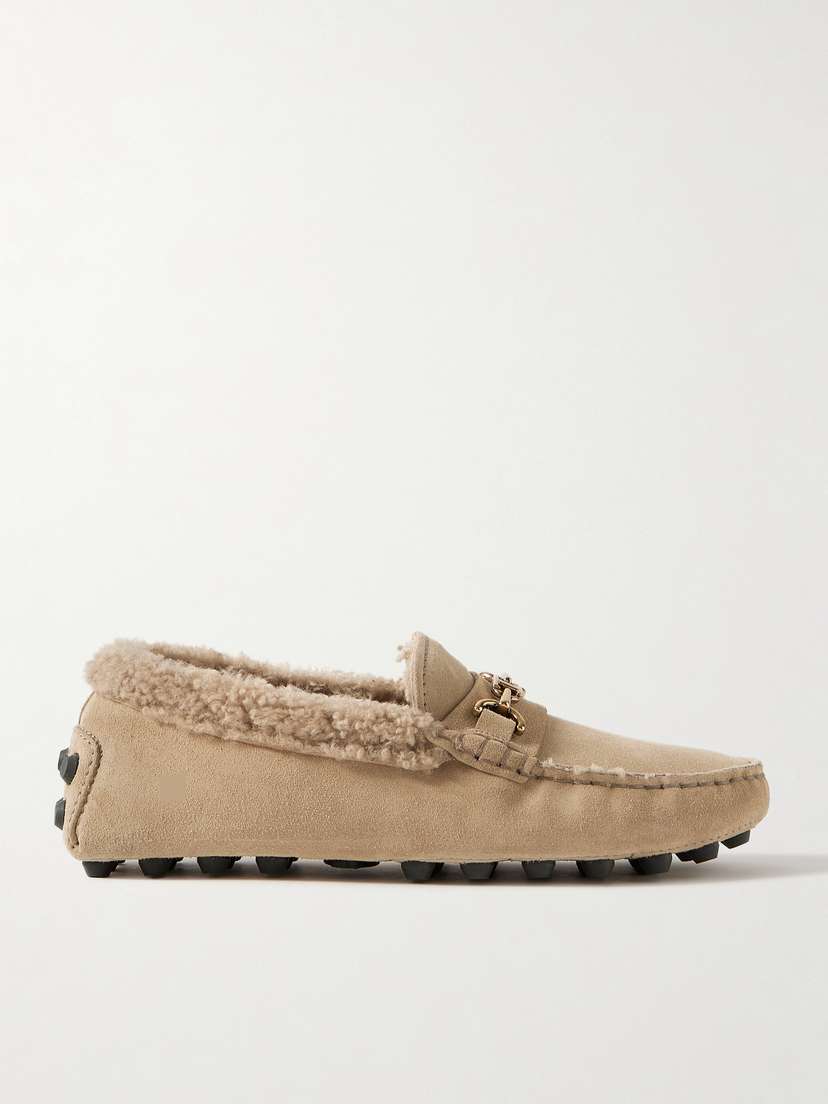 Tod's Gommino Macro Embellished Shearling-trimmed Suede Loafers