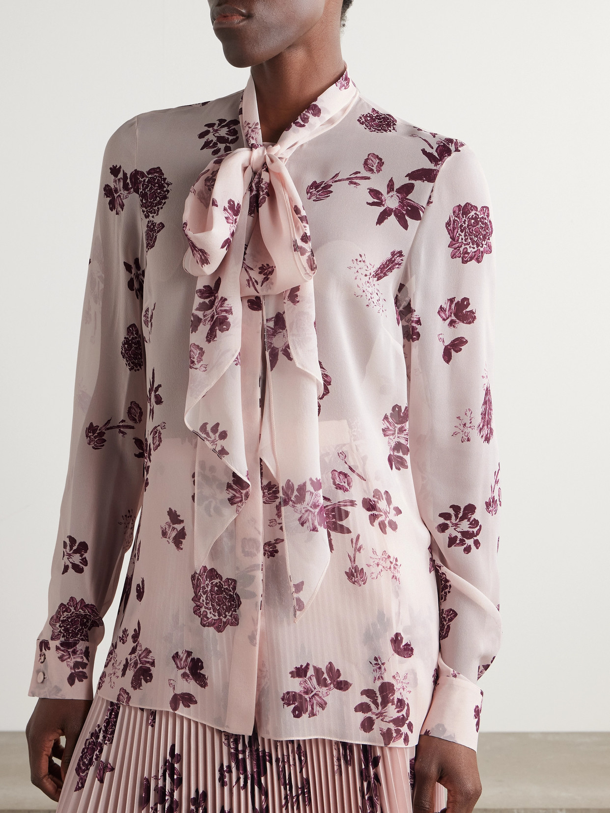 Shildon Pussy-Bow Floral-Print Silk-Chiffon Blouse
