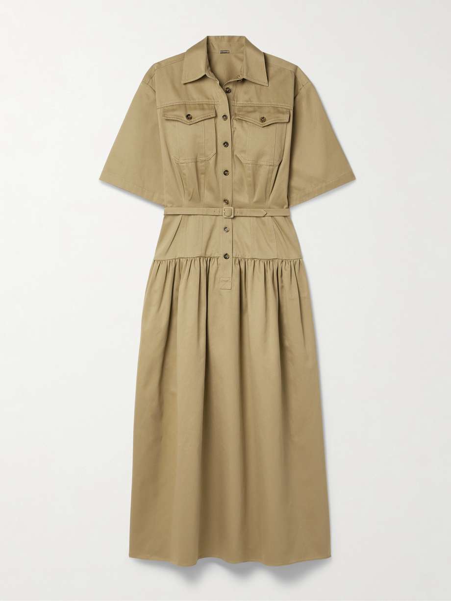 edie belted cotton-twill midi shirt dress