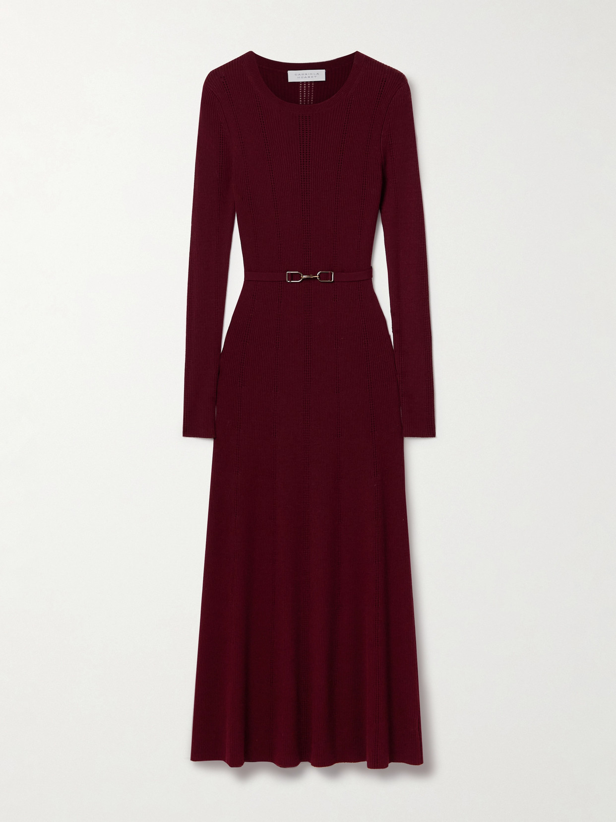 Gabriela Hearst Imagene Belted Ribbed Pointelle-knit Wool Maxi Dress In Burgundy