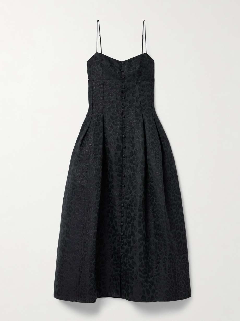 rickie pleated metallic leopard-jacquard cotton-blend midi dress