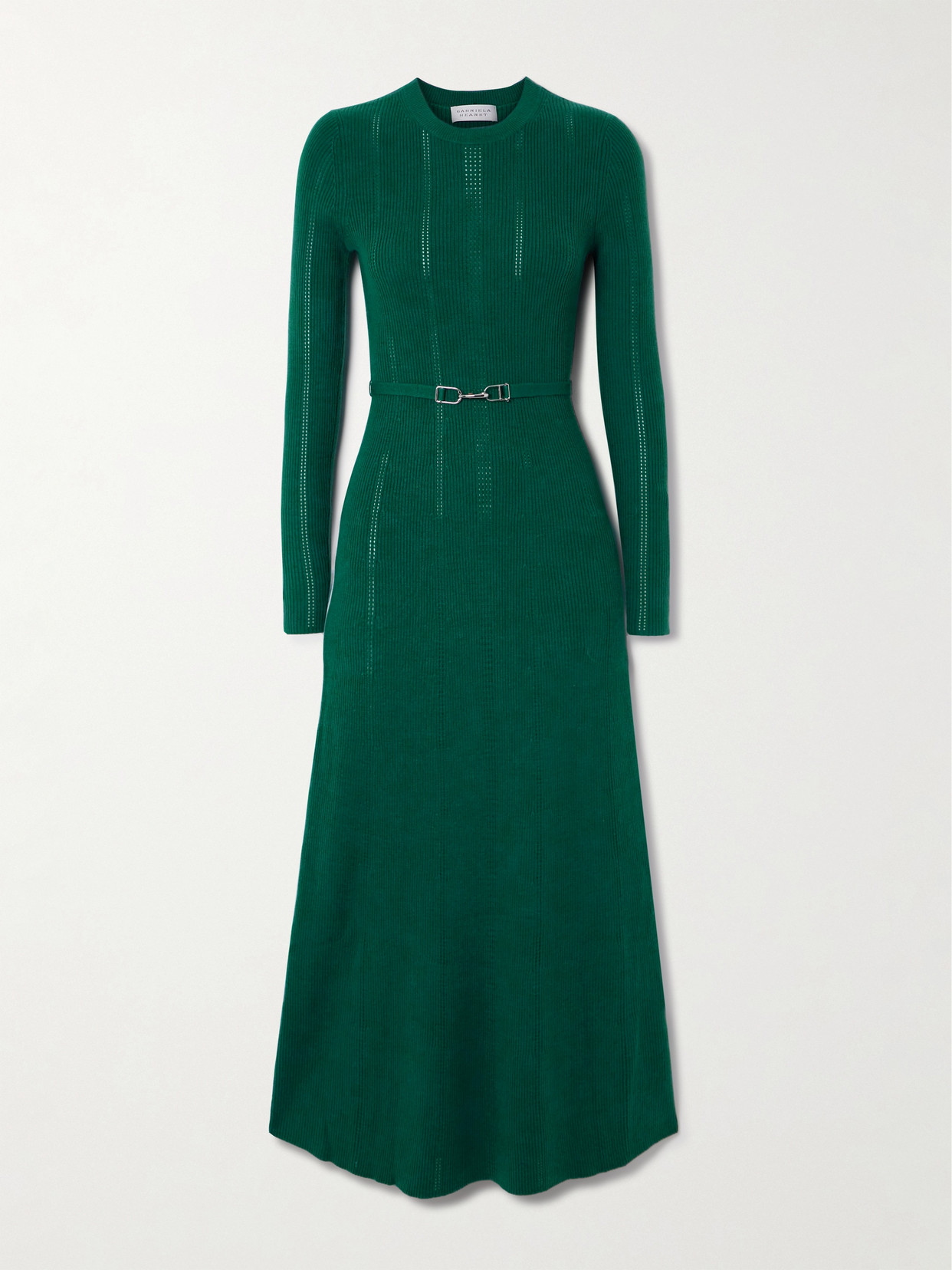 Gabriela Hearst Imagene Belted Ribbed Pointelle-knit Wool Midi Dress In Green