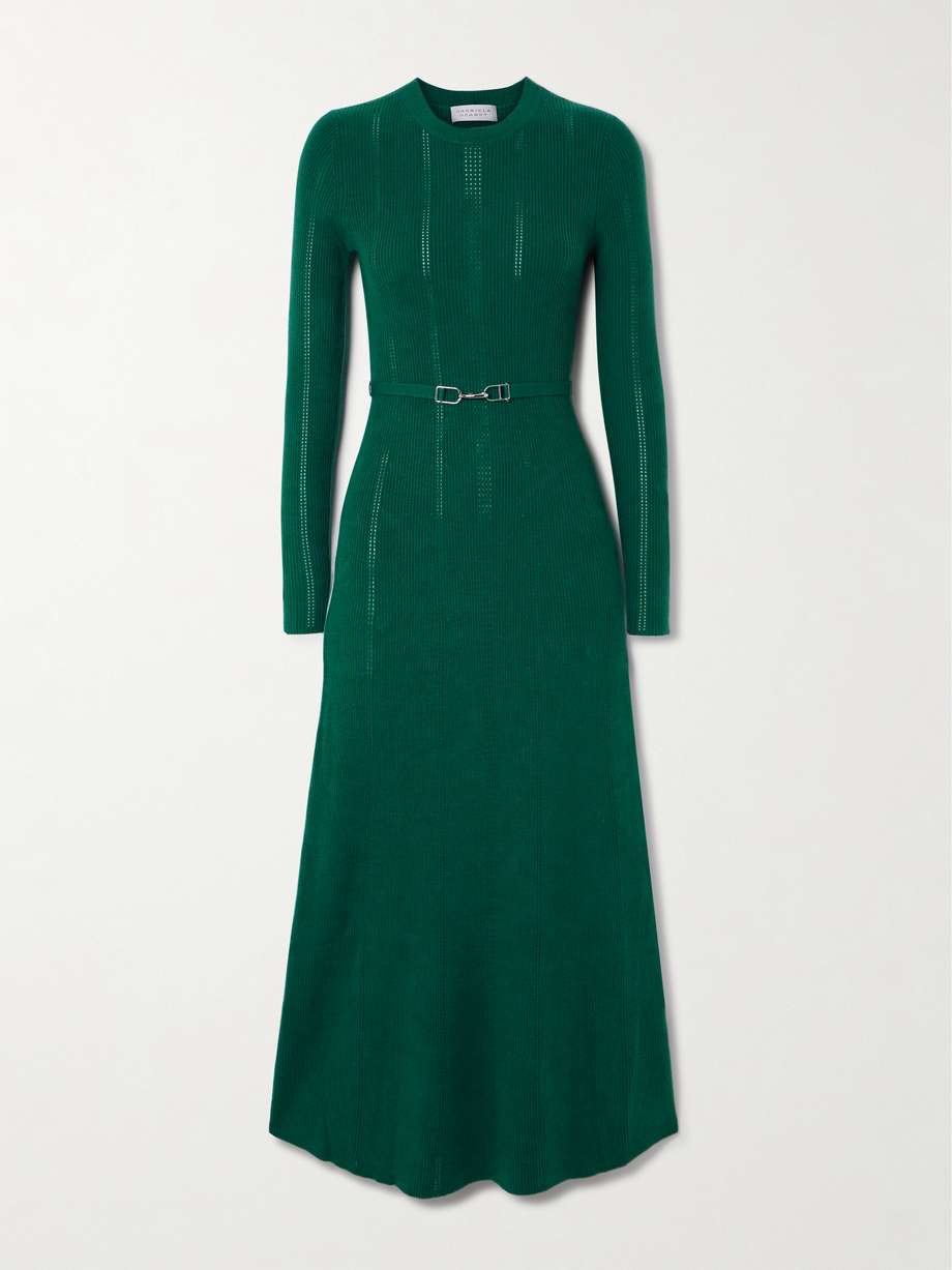 imagene belted ribbed pointelle-knit wool midi dress