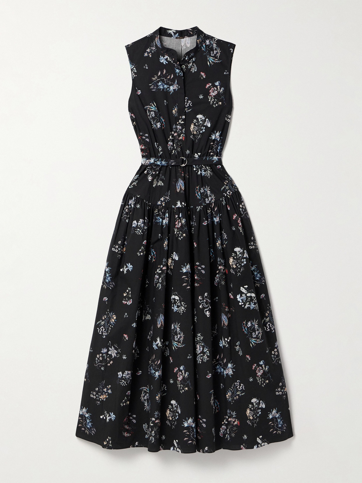 Adam Lippes Belted Floral-print Cotton-poplin Midi Dress In Black