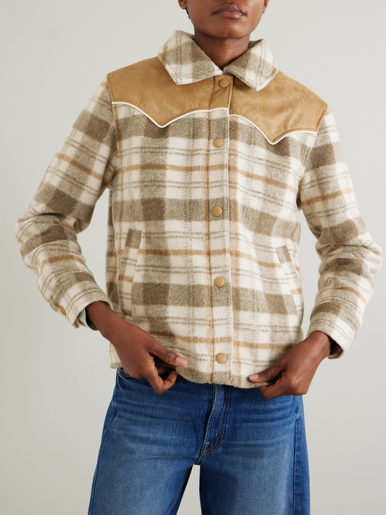 After School Faux Suede-Trimmed Checked Fleece Jacket