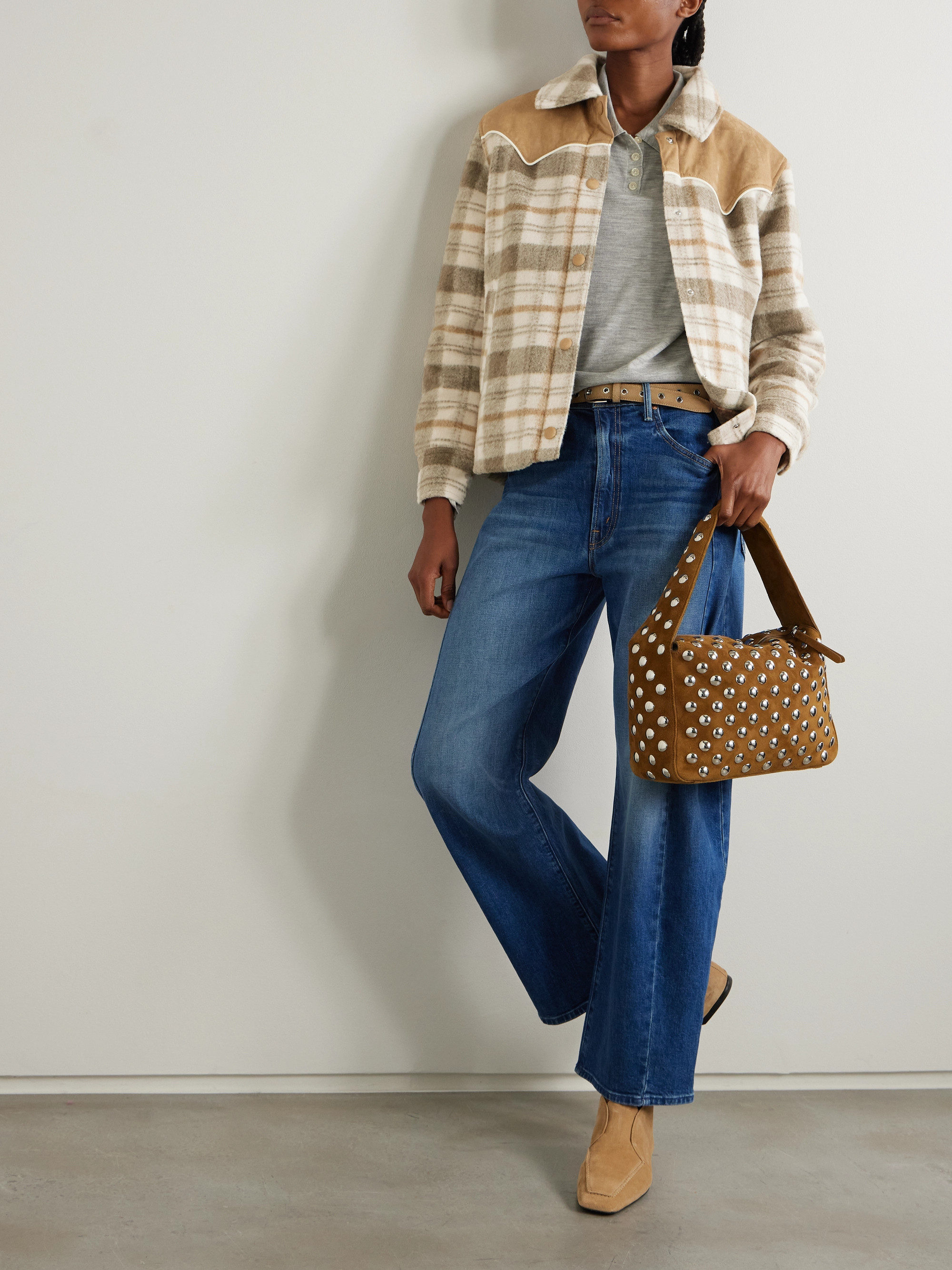 MOTHER After School faux suede-trimmed checked fleece jacket