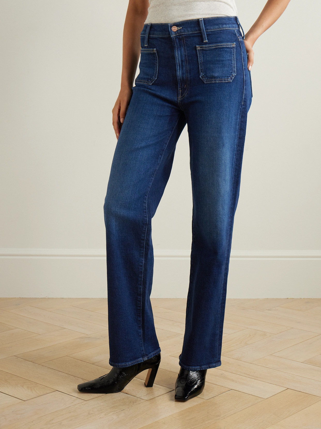 Mother The Lil Patch Pocket Rambler Zip Sneak Jeans In These Boots Are Made For Walkin In Blue