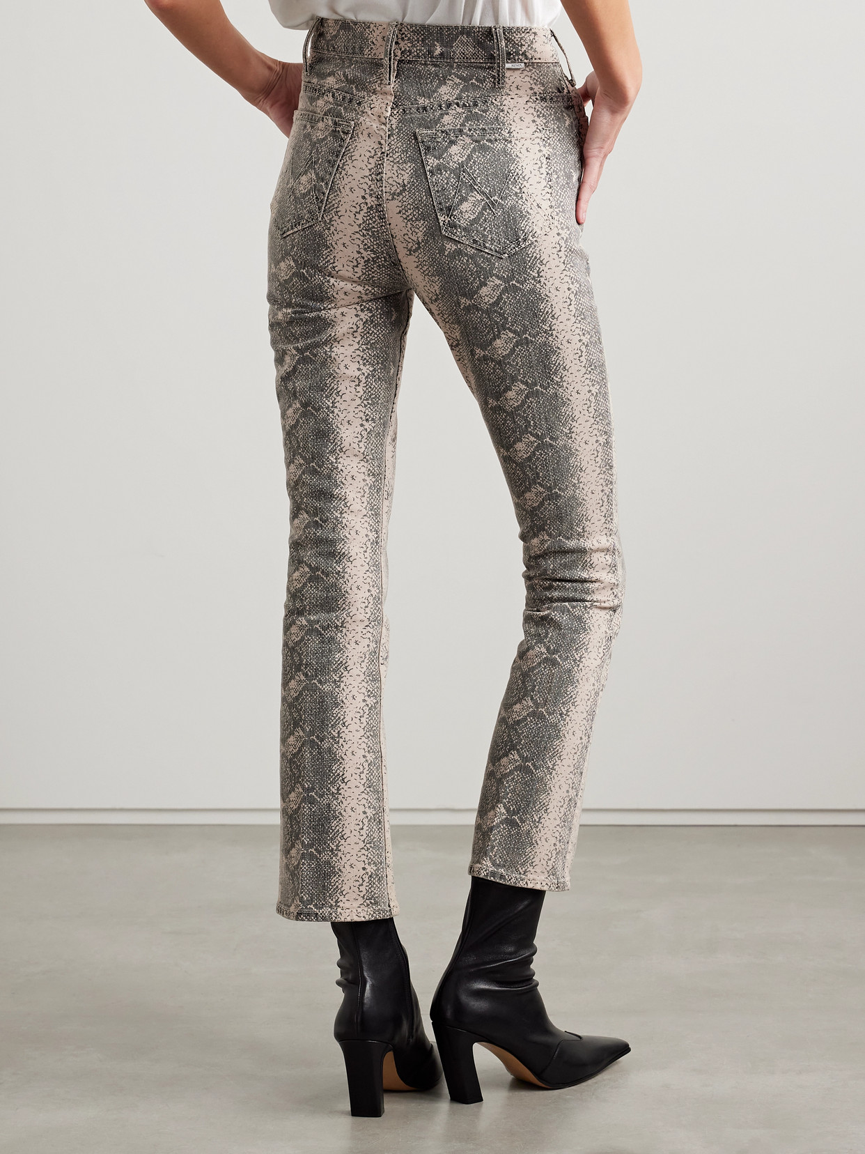 Mother The Hustler Cropped Snake-print High-rise Flared Jeans In Neutrals