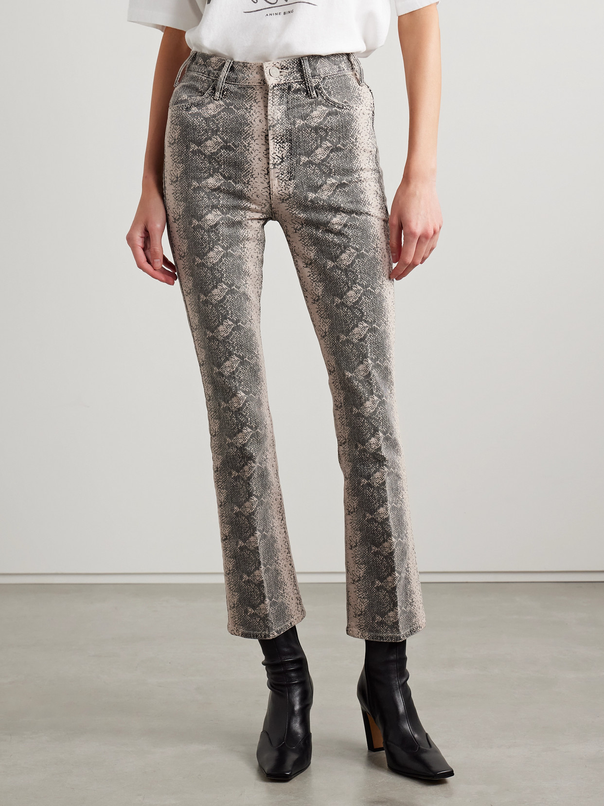 Mother The Hustler Cropped Snake-print High-rise Flared Jeans In Neutrals