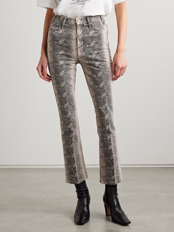 MOTHER The Hustler cropped snake-print high-rise flared jeans