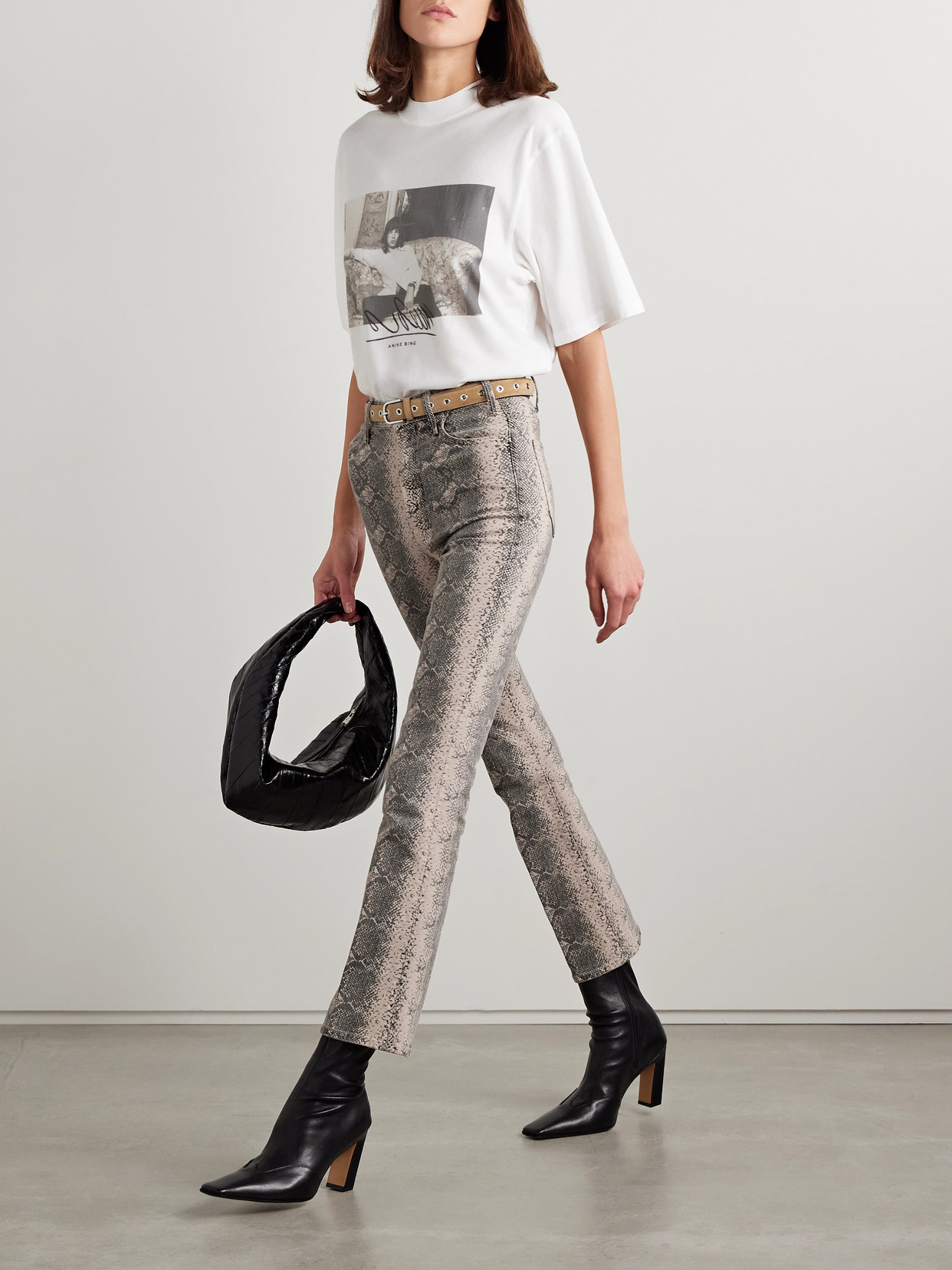 Mother The Hustler Cropped Snake-print High-rise Flared Jeans In Neutrals