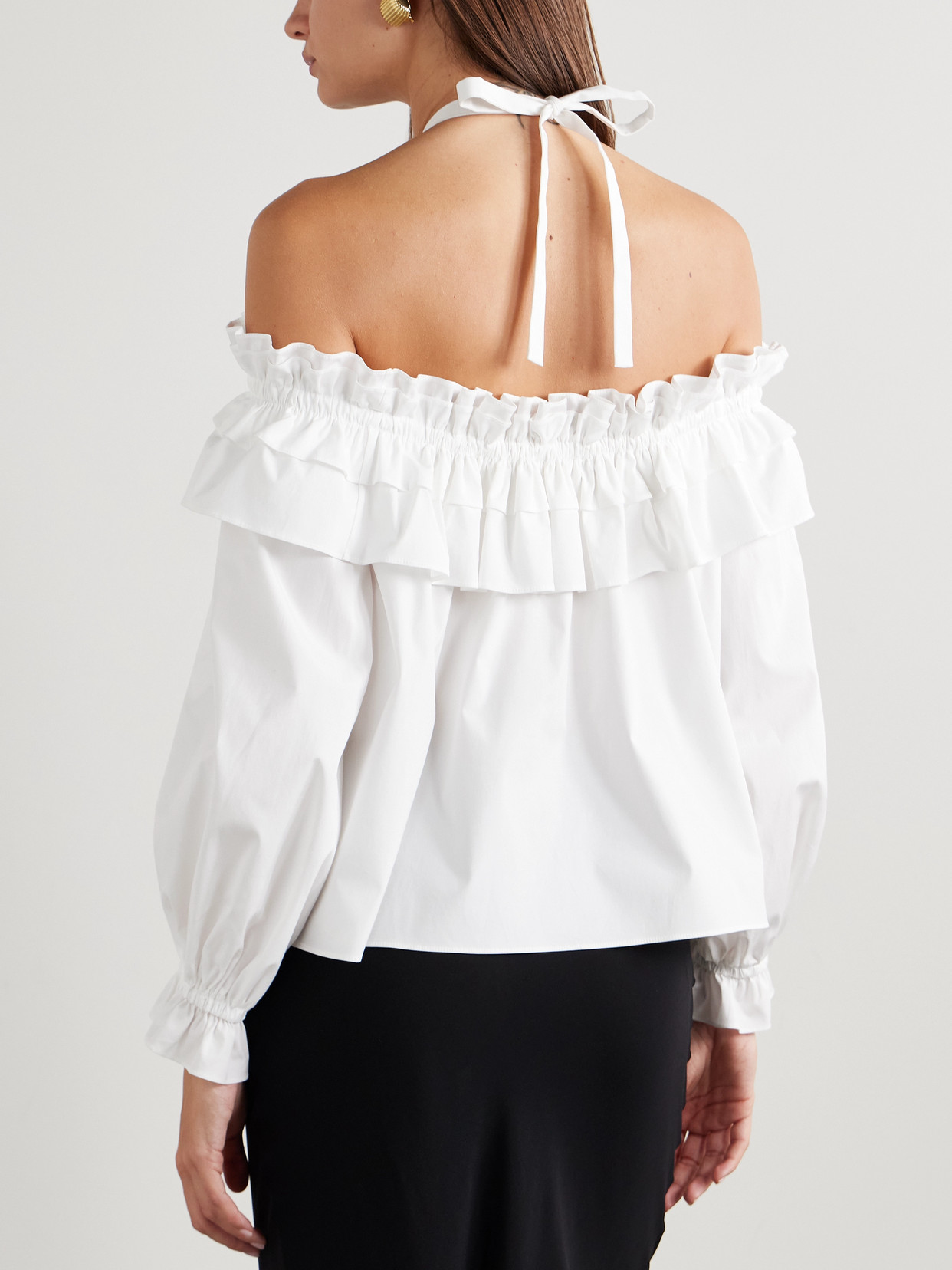Carolina Herrera Off-the-shoulder Ruffled Appliquéd Cotton-blend Poplin Halterneck Blouse In White