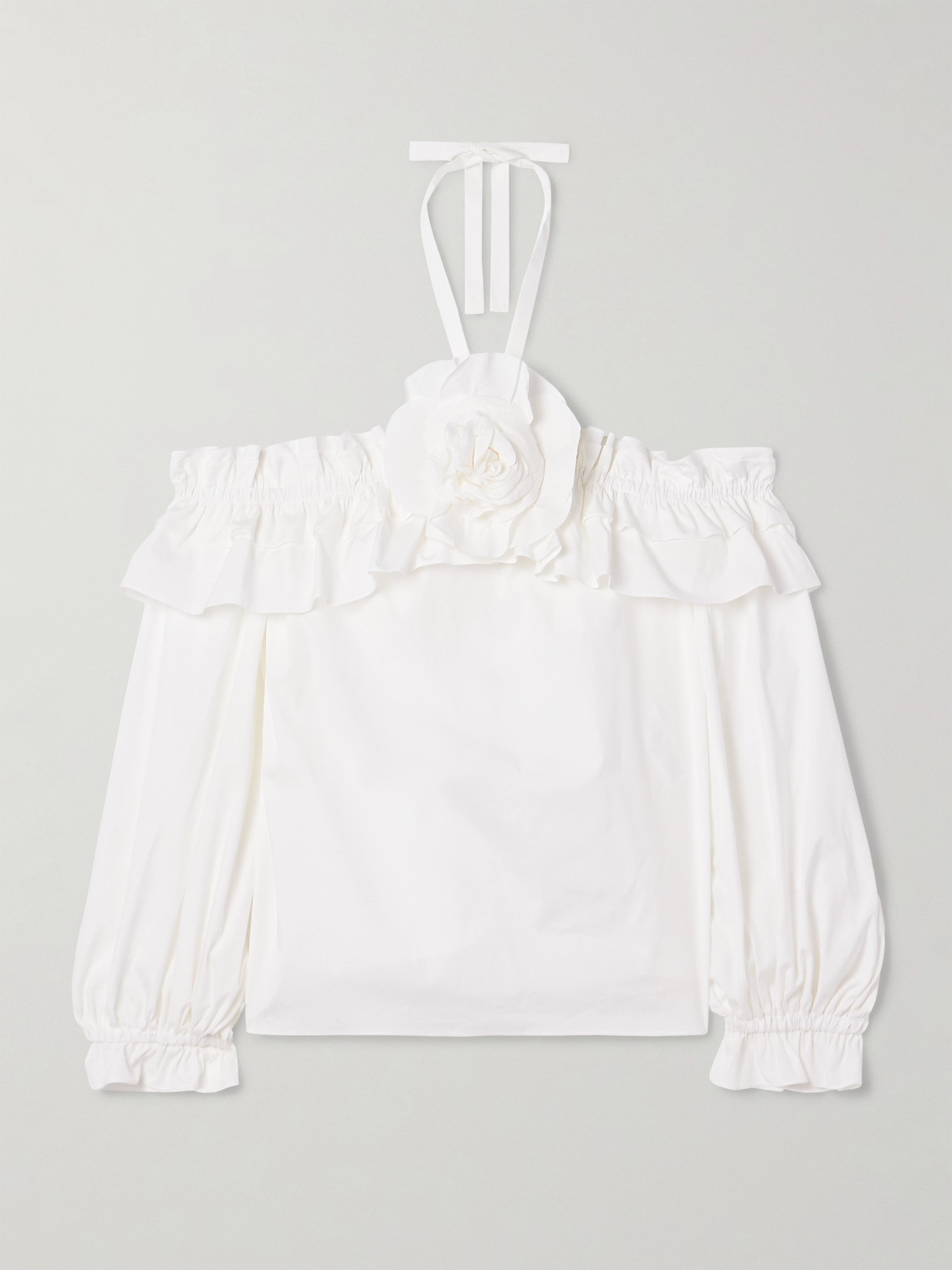 Carolina Herrera Off-the-shoulder Ruffled Appliquéd Cotton-blend Poplin Halterneck Blouse In White