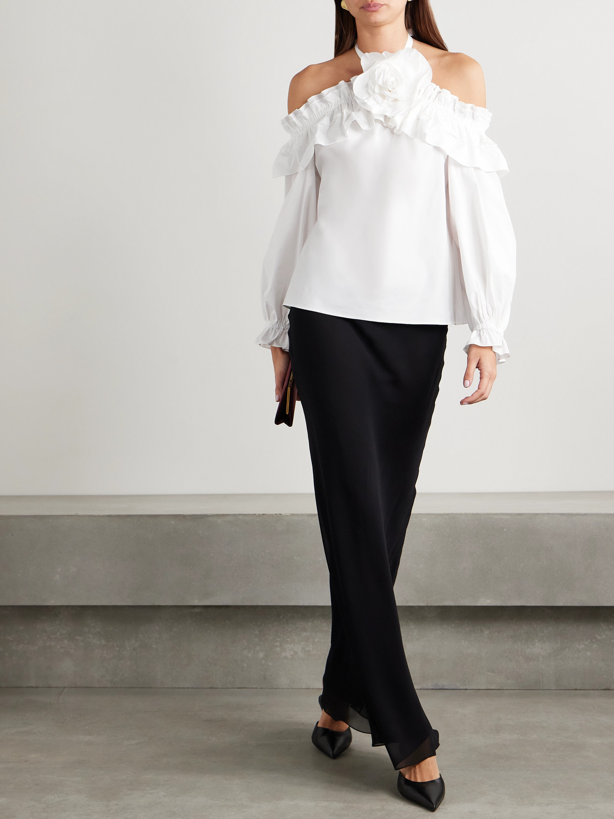 Carolina Herrera Off-the-shoulder Ruffled Appliquéd Cotton-blend Poplin Halterneck Blouse In White