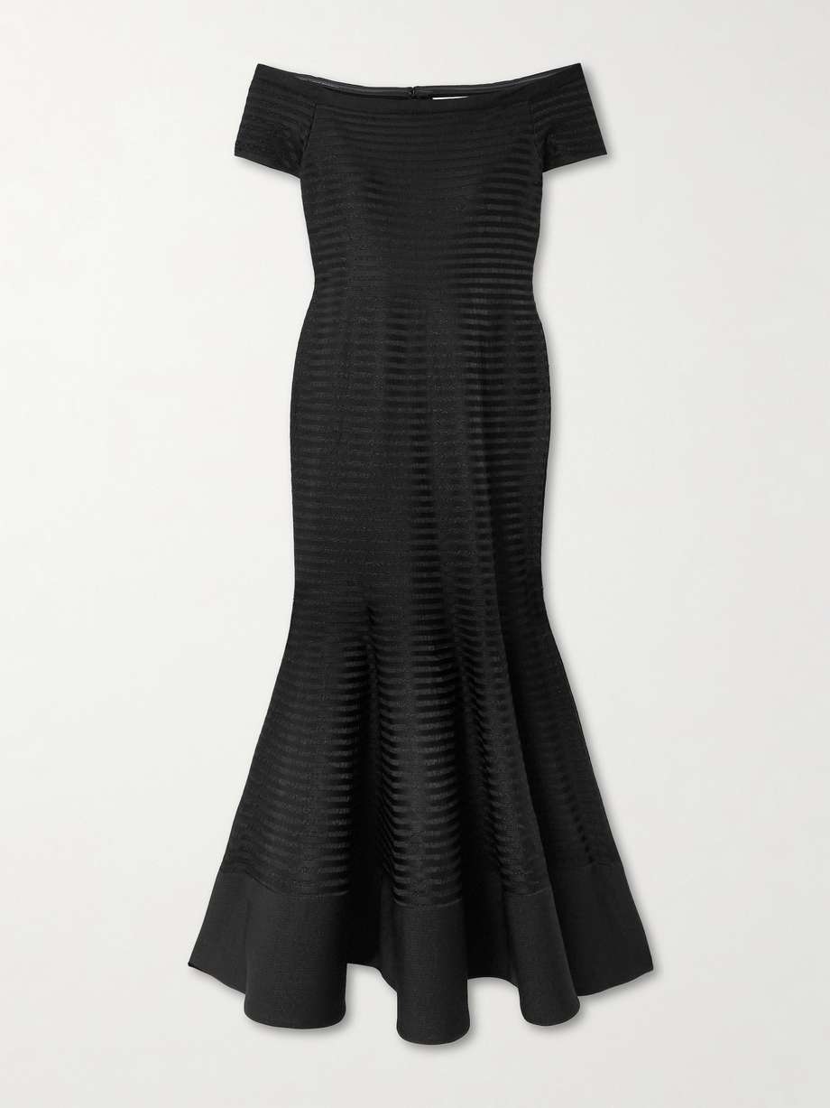 off-the-shoulder striped metallic knitted midi dress